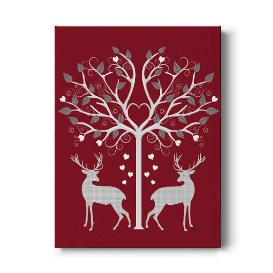 Christmas Des - Deer and Heart Tree, Grey on Red Premium Gallery Wrapped Canvas - Ready to Hang