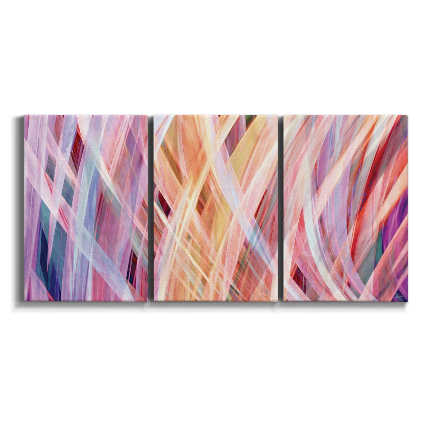 Three-panel canvas wall art featuring layered modern abstract color ribbons on white background.