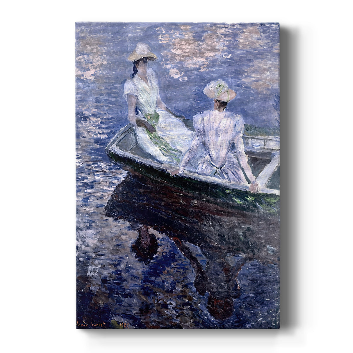Canvas art print featuring an impressionist scene of girls seated in a rowboat on calm water on a clean white background.