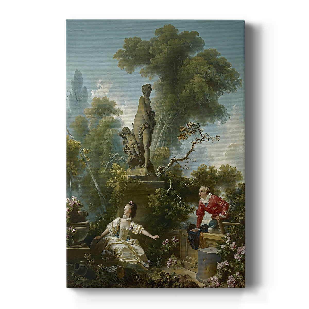 Canvas art print featuring a Rococo garden scene of two figures meeting in a secluded landscape on a clean white background.