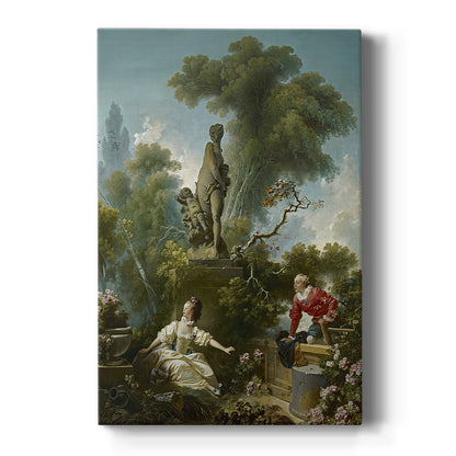 Canvas art print featuring a Rococo garden scene of two figures meeting in a secluded landscape on a clean white background.