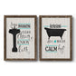 Set of two walnut barnwood framed canvas prints featuring two graphic bathroom word art featuring playful bathtub silhouettes and bath-themed typography.