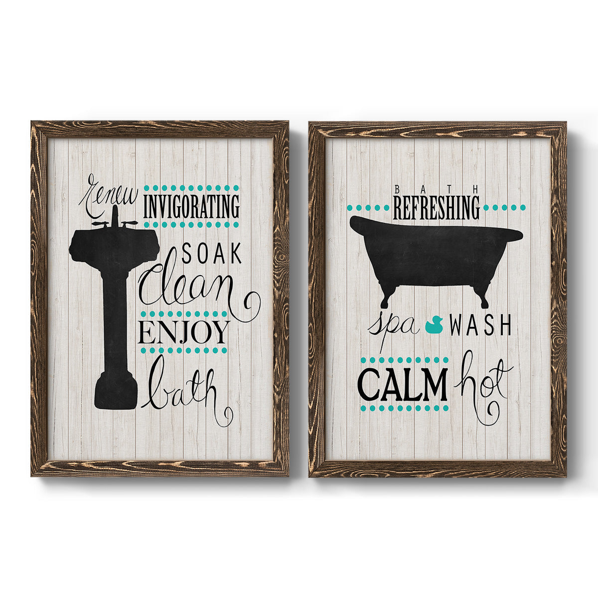 Set of two walnut barnwood framed canvas prints featuring two graphic bathroom word art featuring playful bathtub silhouettes and bath-themed typography.