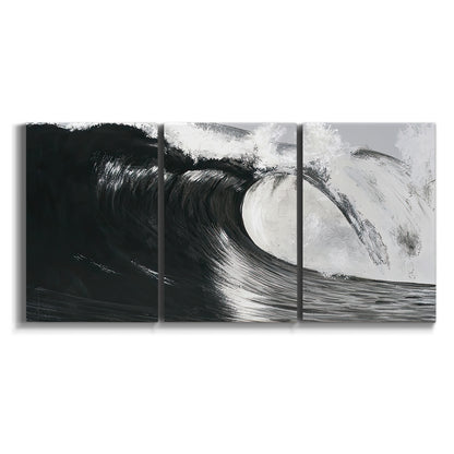 Three-panel canvas wall art featuring black and white crashing ocean waves on white background.