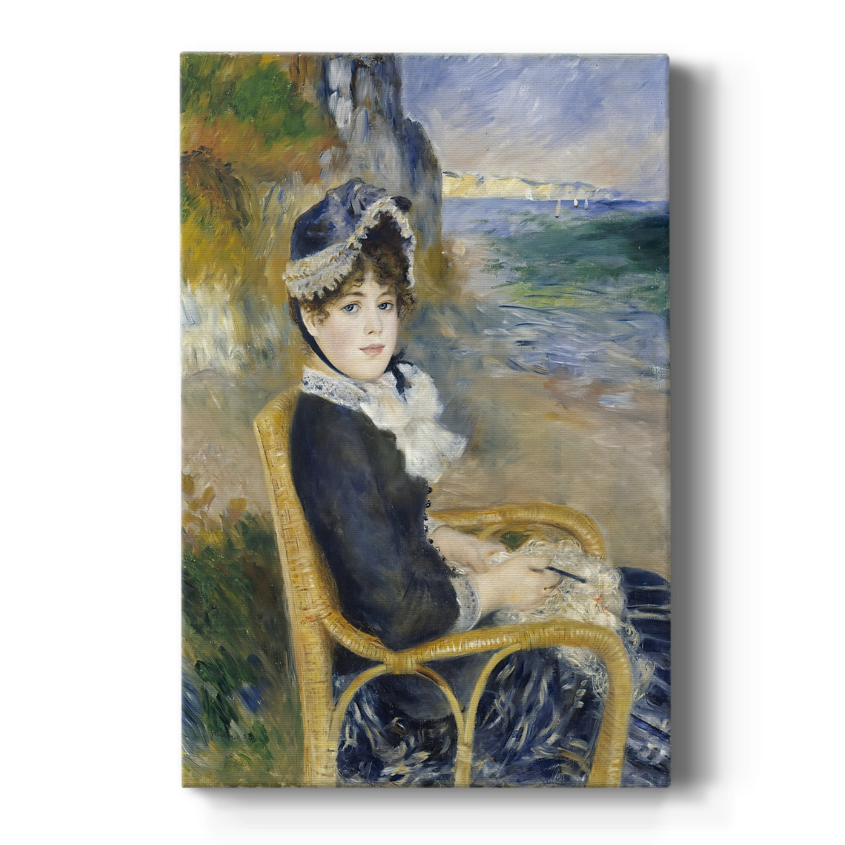 Canvas art print featuring an impressionist portrait of a woman seated by the sea with soft light on a clean white background.