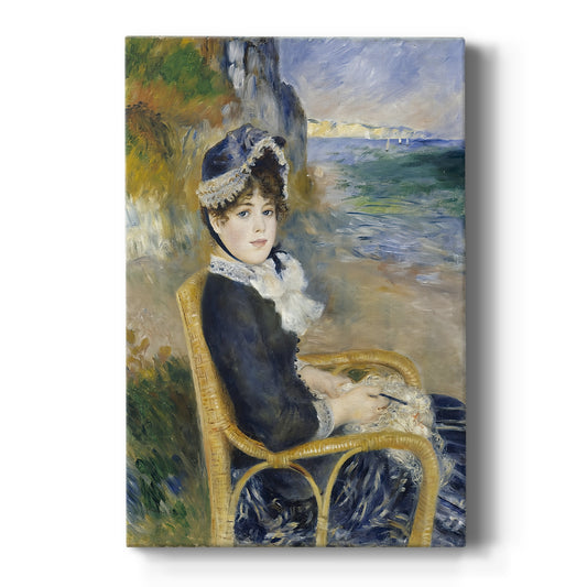 Canvas art print featuring an impressionist portrait of a woman seated by the sea with soft light on a clean white background.