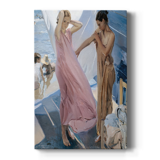 Canvas art print featuring an impressionist scene of a woman in light garments after bathing with soft light on a clean white background.