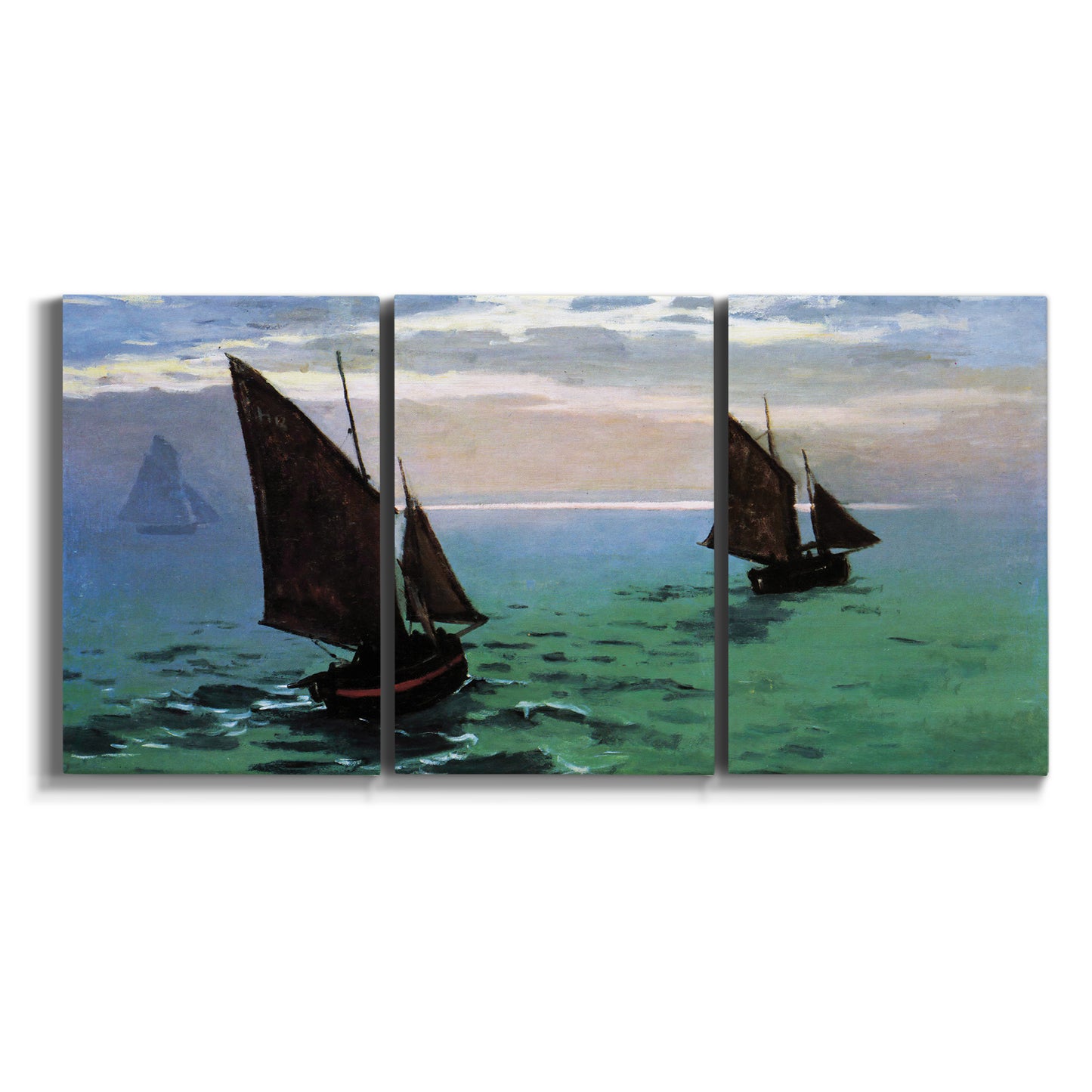 Three-panel canvas wall art featuring fishing boats moving through open sea on white background.
