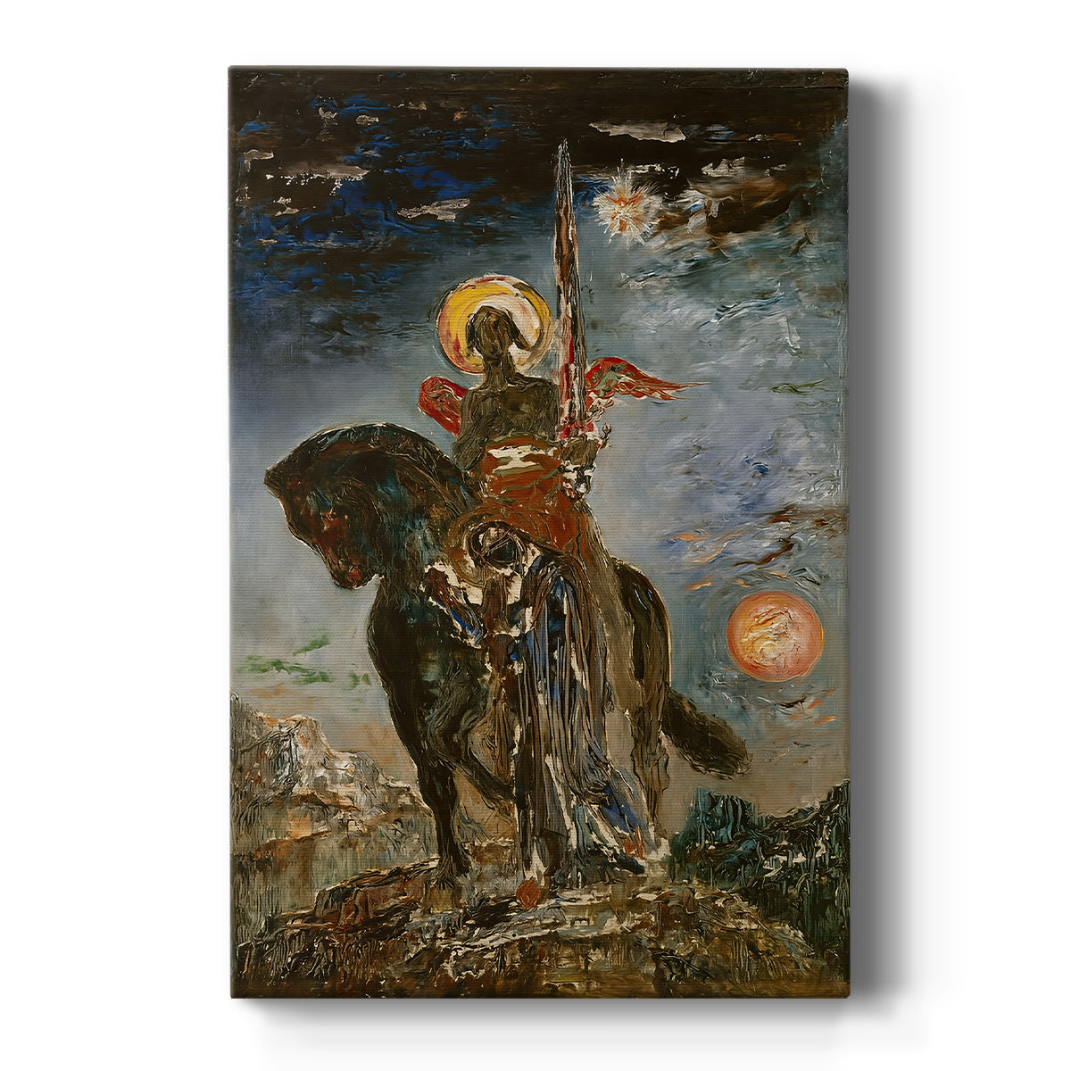 Canvas art print featuring a symbolic scene of two figures representing fate and death in a dark setting on a clean white background.