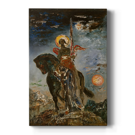 Canvas art print featuring a symbolic scene of two figures representing fate and death in a dark setting on a clean white background.