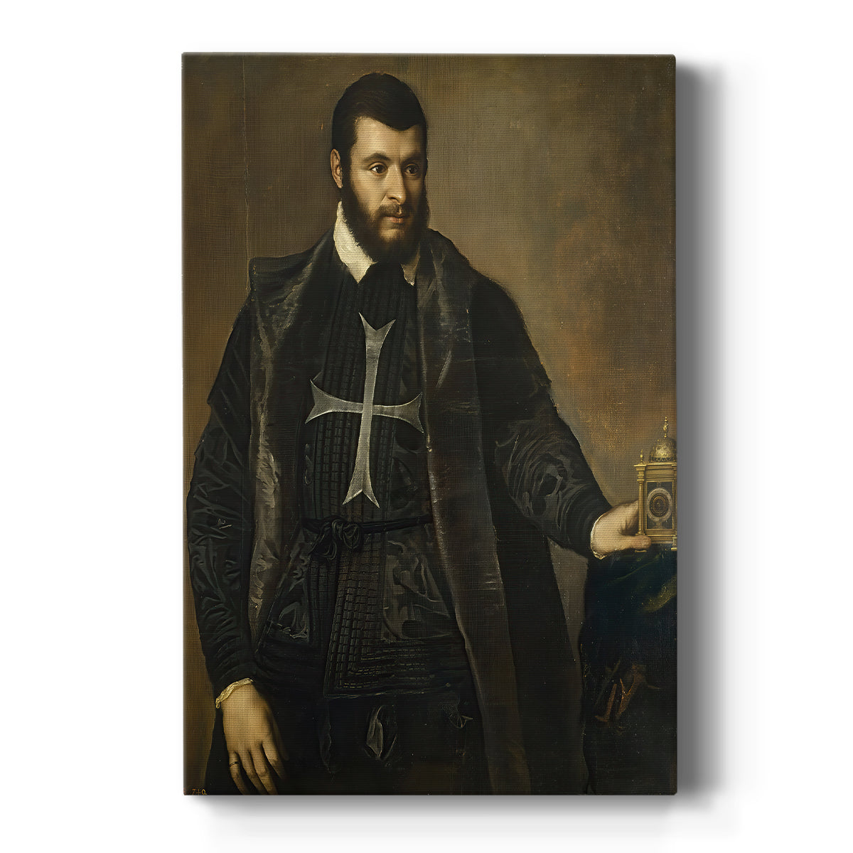 Canvas art print featuring a Renaissance portrait of a man holding a clock with rich tones and detail on a clean white background.