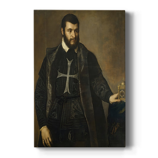 Canvas art print featuring a Renaissance portrait of a man holding a clock with rich tones and detail on a clean white background.