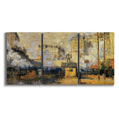 Three-panel canvas wall art featuring calm tropical shoreline at dusk on white background.