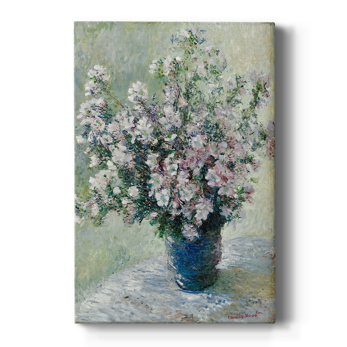Canvas art print featuring an impressionist still life of flowers in a vase with soft blended colors on a clean white background.
