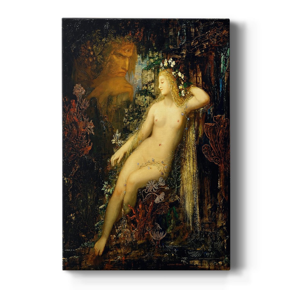 Canvas art print featuring a symbolic scene of a female figure reclining near water with ornate detail on a clean white background.