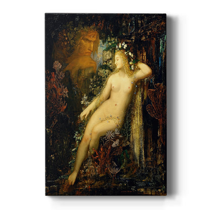 Canvas art print featuring a symbolic scene of a female figure reclining near water with ornate detail on a clean white background.