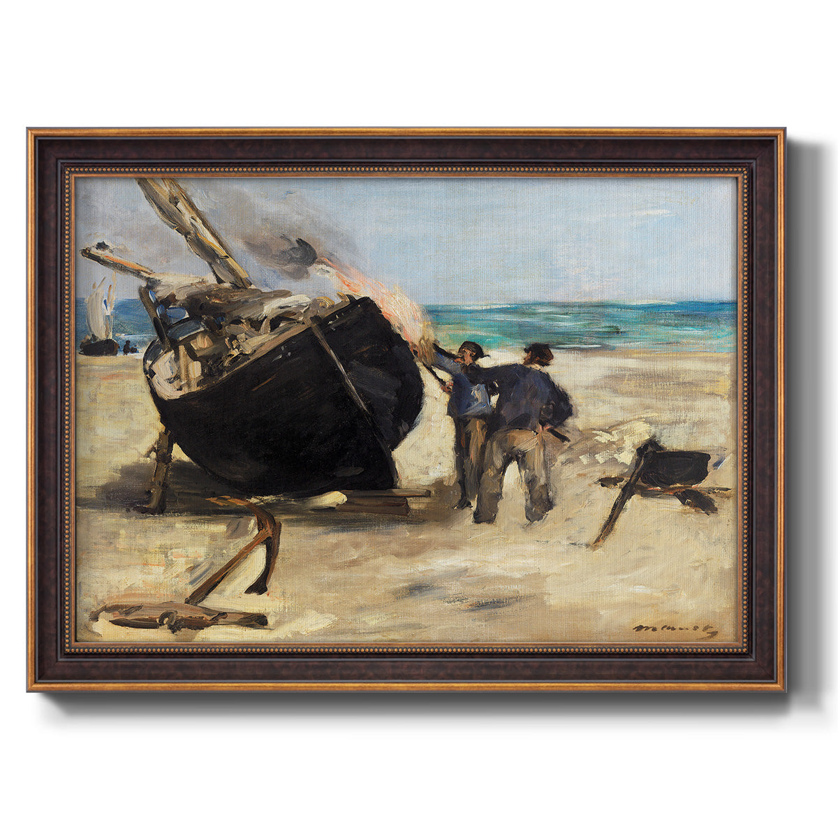 Impressionist nautical work scene by Édouard Manet printed on canvas in an ornate bronzed mahogany wood frame.