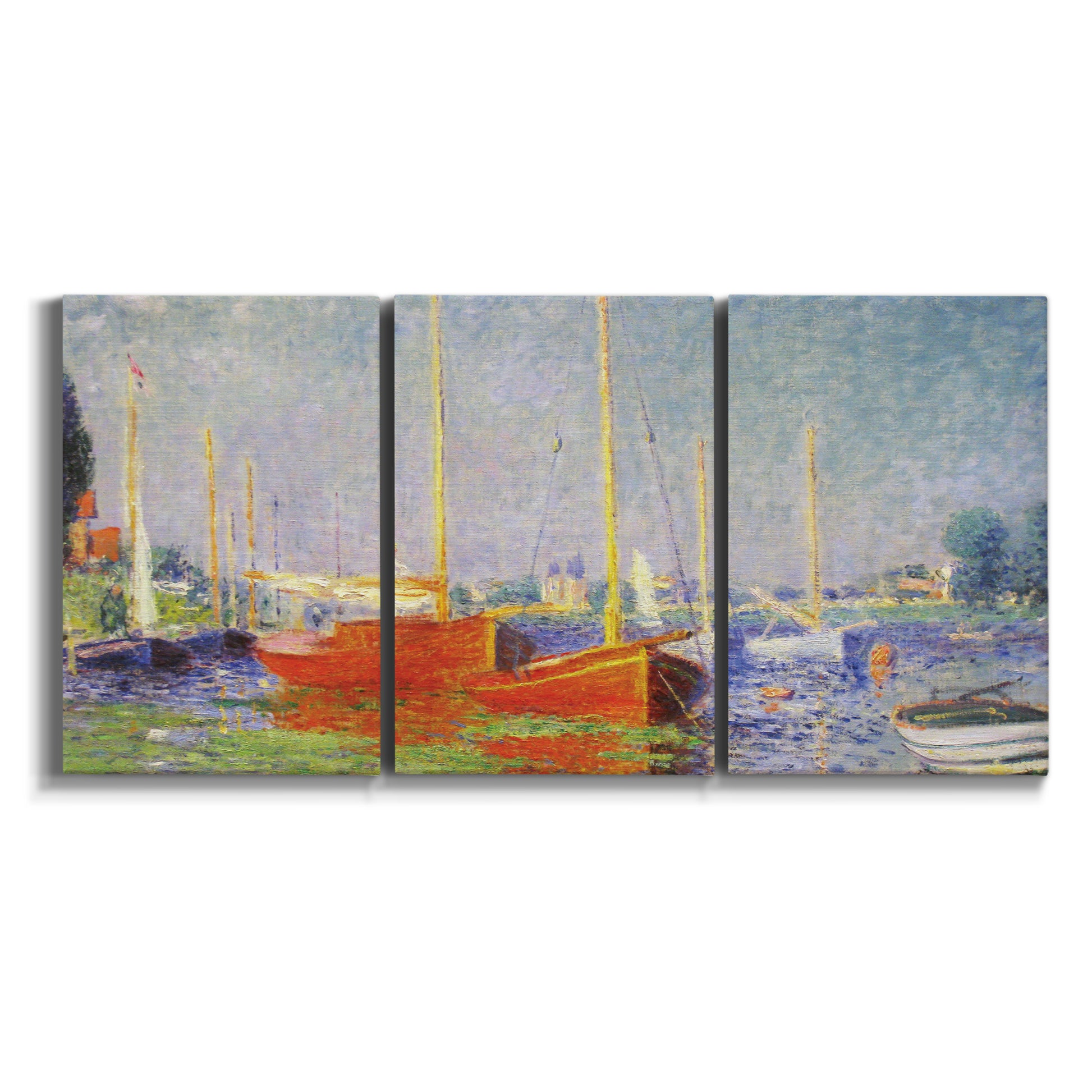 Three-panel canvas wall art featuring red boats along riverbank on white background.