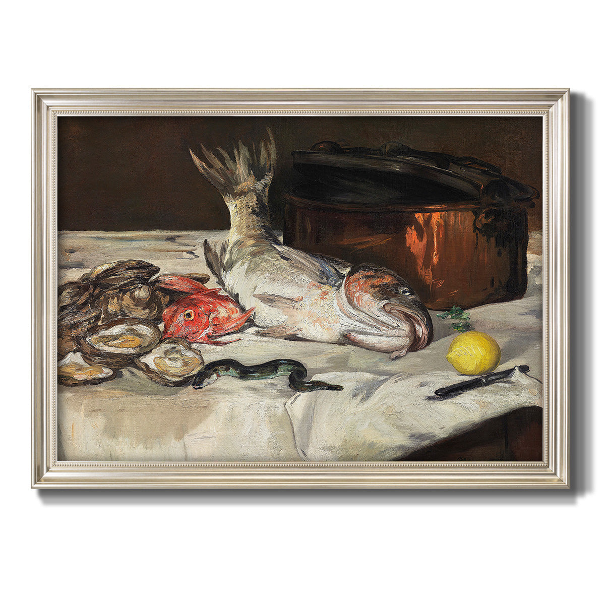 Impressionist still life painting of fish by Édouard Manet printed on canvas in an ornate champagne frame.