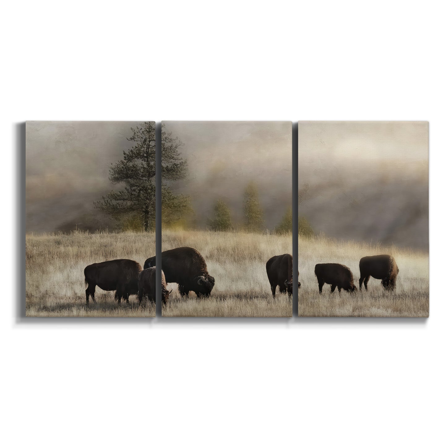 Three-panel canvas wall art featuring cattle grazing along ridge line on white background.