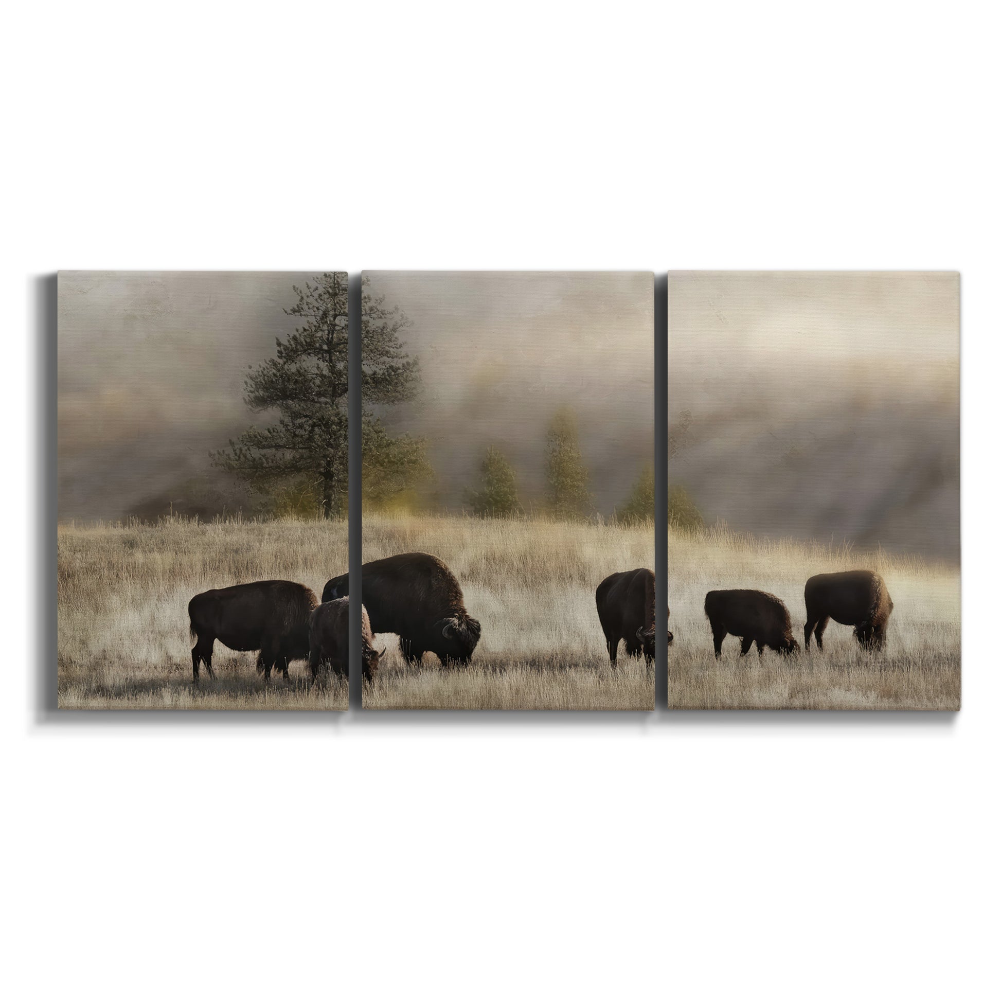 Three-panel canvas wall art featuring cattle grazing along ridge line on white background.