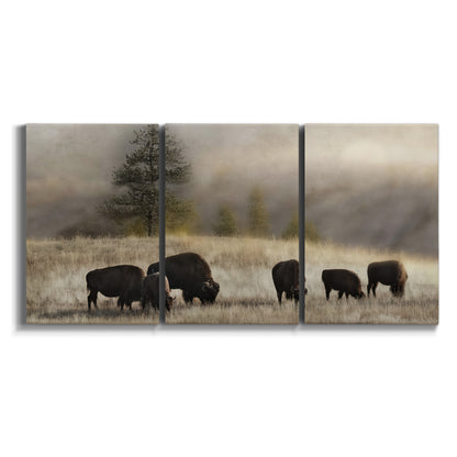 Three-panel canvas wall art featuring cattle grazing along ridge line on white background.