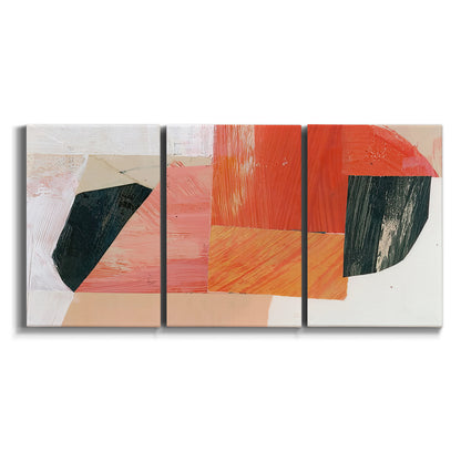 Three-panel canvas wall art featuring bold pink mid century abstract portal on white background.