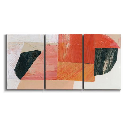 Three-panel canvas wall art featuring bold pink mid century abstract portal on white background.