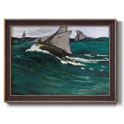 Impressionist seascape with crashing green wave by Claude Monet printed on canvas in an ornate bronzed mahogany wood frame.
