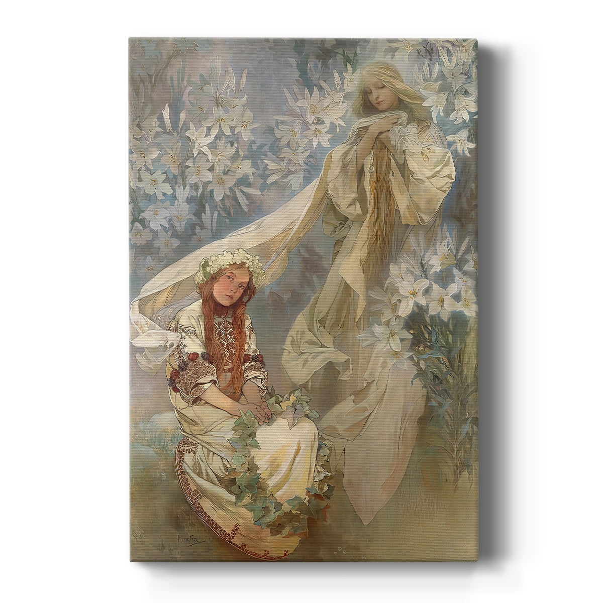Canvas art print featuring an Art Nouveau illustration of a woman with lilies and symbolic ornate details on a clean white background.