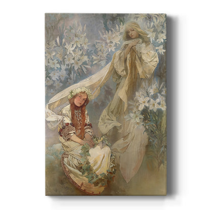 Canvas art print featuring an Art Nouveau illustration of a woman with lilies and symbolic ornate details on a clean white background.