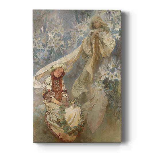 Canvas art print featuring an Art Nouveau illustration of a woman with lilies and symbolic ornate details on a clean white background.