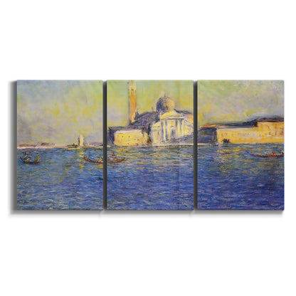 Three-panel canvas wall art featuring layered modern abstract color ribbons on white background.