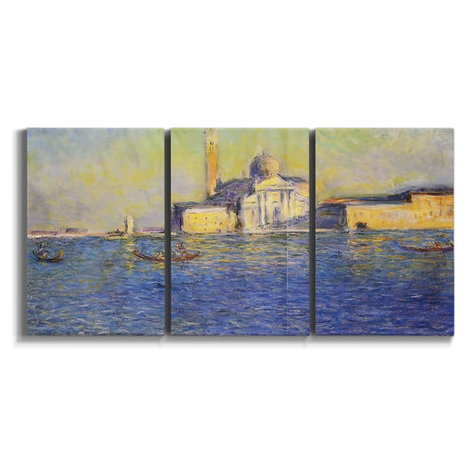 Three-panel canvas wall art featuring layered modern abstract color ribbons on white background.