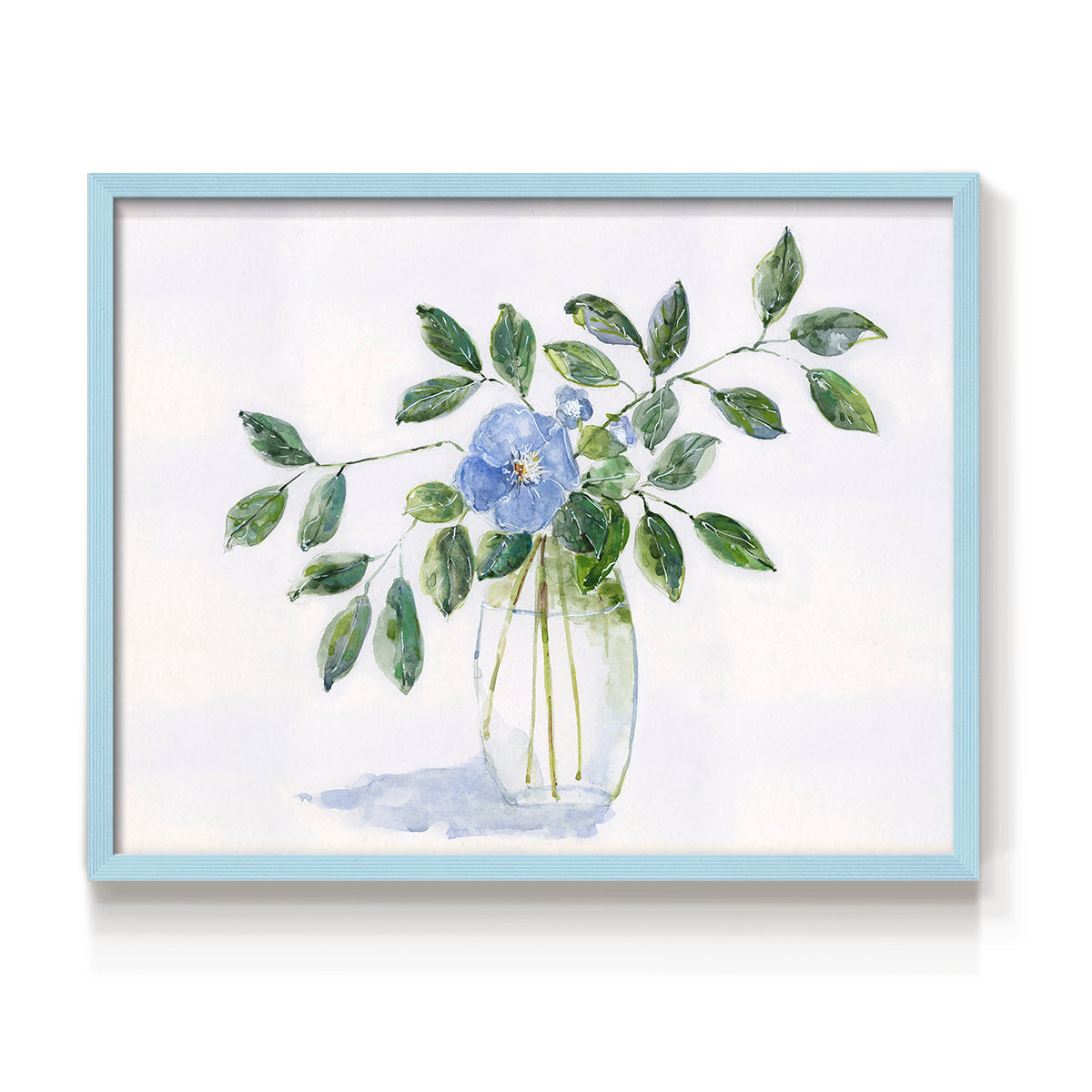 45308,watercolor,painting,flower,blue flower,green leaves,glass vase,nature art,interior decor,botanical art,floral,contemporary art,still life,home decor,tranquil,wall art,visual art,creative,handmade,craft,aesthetic,design,artist,beauty,calming,elegant,traditional,exhibition,soft colors,natural elements,craftsmanship,decor,floral arrangement,artwork,leaf,simplicity,Re-stickable,Plants & Flowers