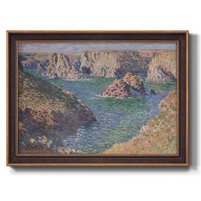 Impressionist rocky coastal seascape at Belle-Île by Claude Monet printed on canvas in an ornate bronzed mahogany wood frame.