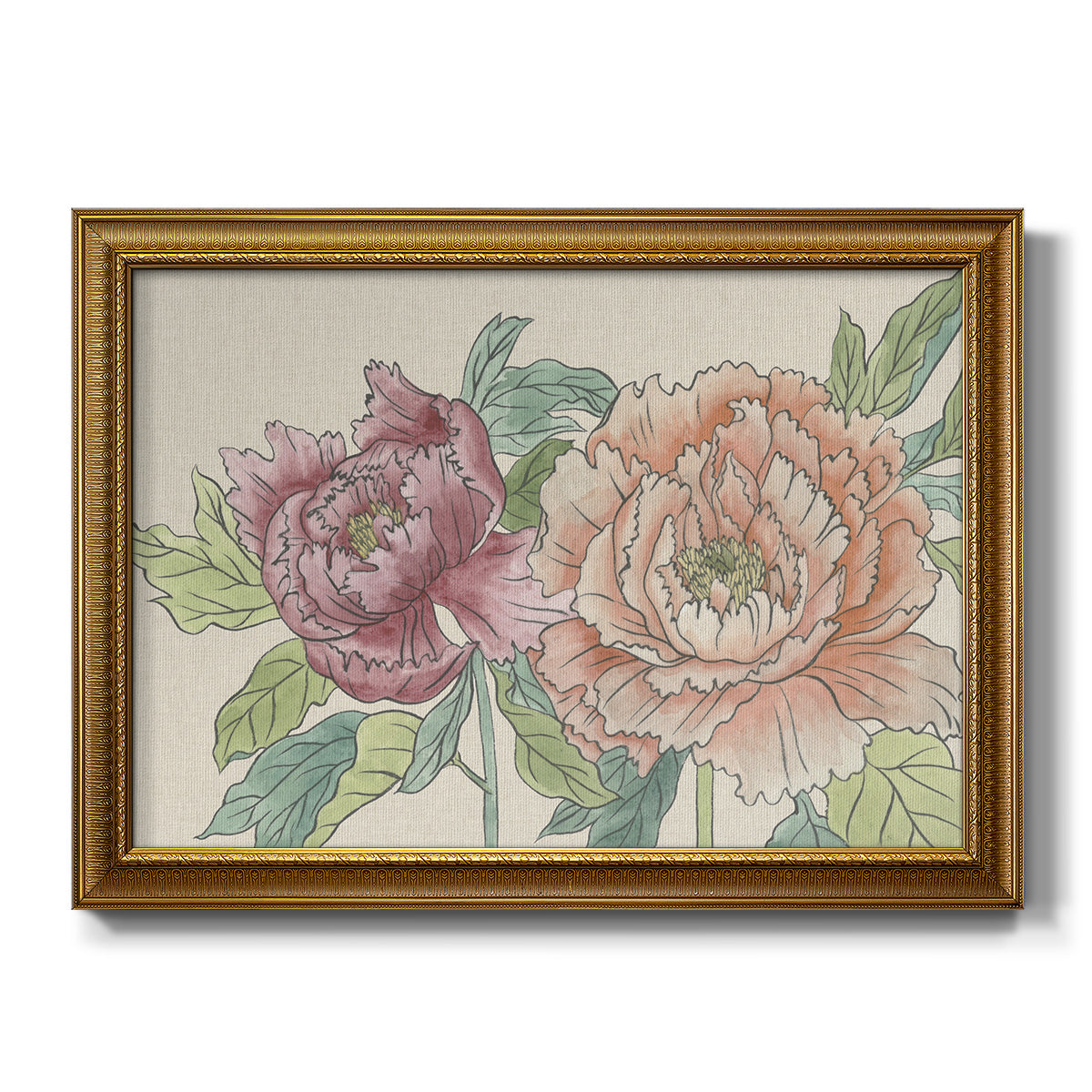 Modern peony floral drawing printed on canvas in an ornate traditional gold frame.