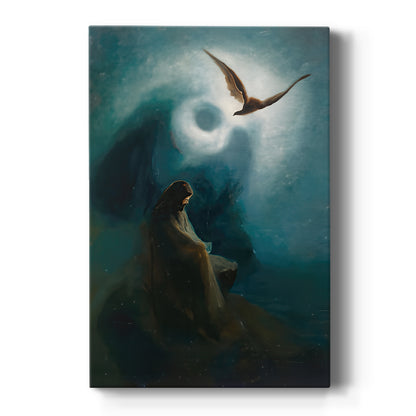 Canvas art print featuring a symbolic scene of a figure suspended against a glowing sky on a clean white background.