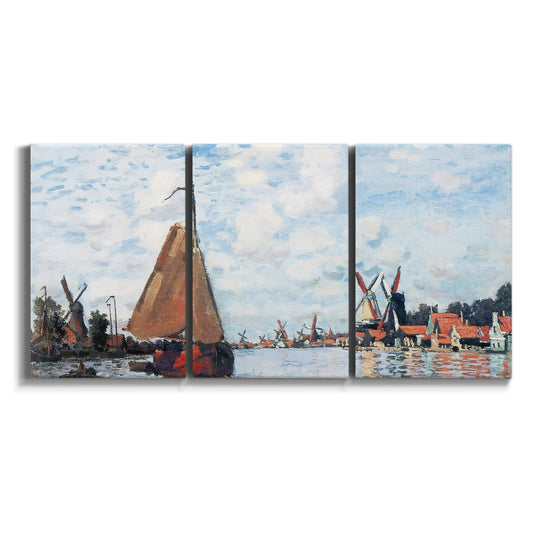 Three-panel canvas wall art featuring river harbor at zaandam on white background.