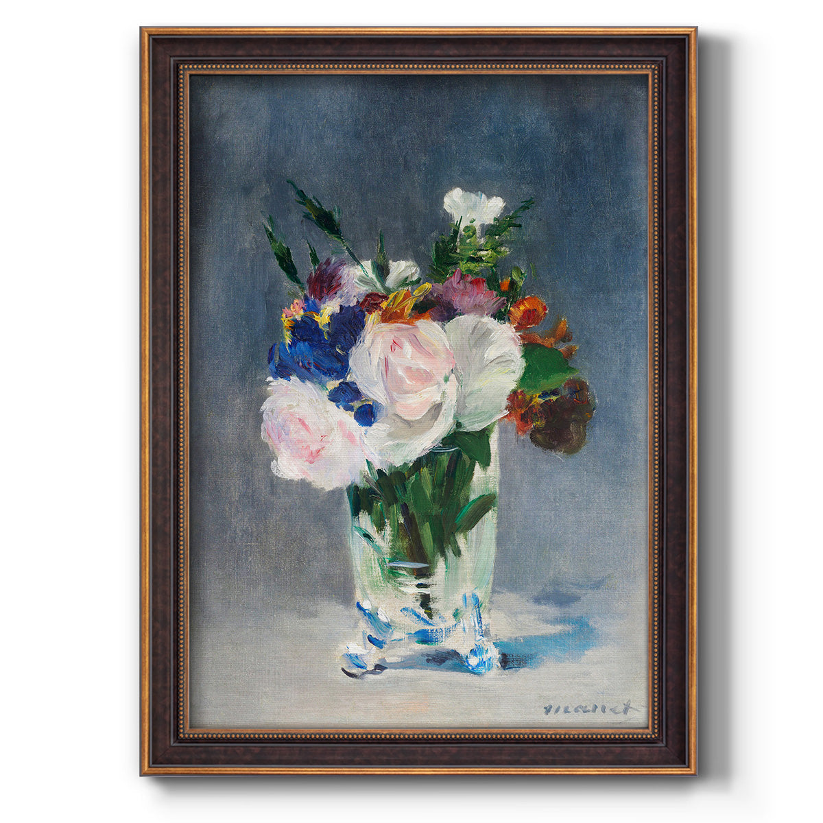 Impressionist floral still life painting by Claude Monet printed on canvas in an ornate weathered white frame with a vertical orientation.