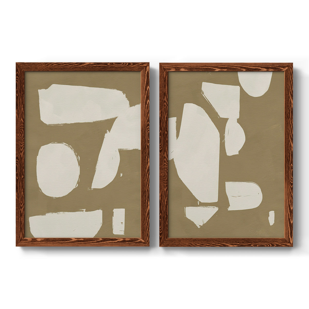 Set of two maple barnwood framed canvas prints featuring two bold minimalist shape abstracts featuring irregular white cutout-like shapes on taupe grounds.