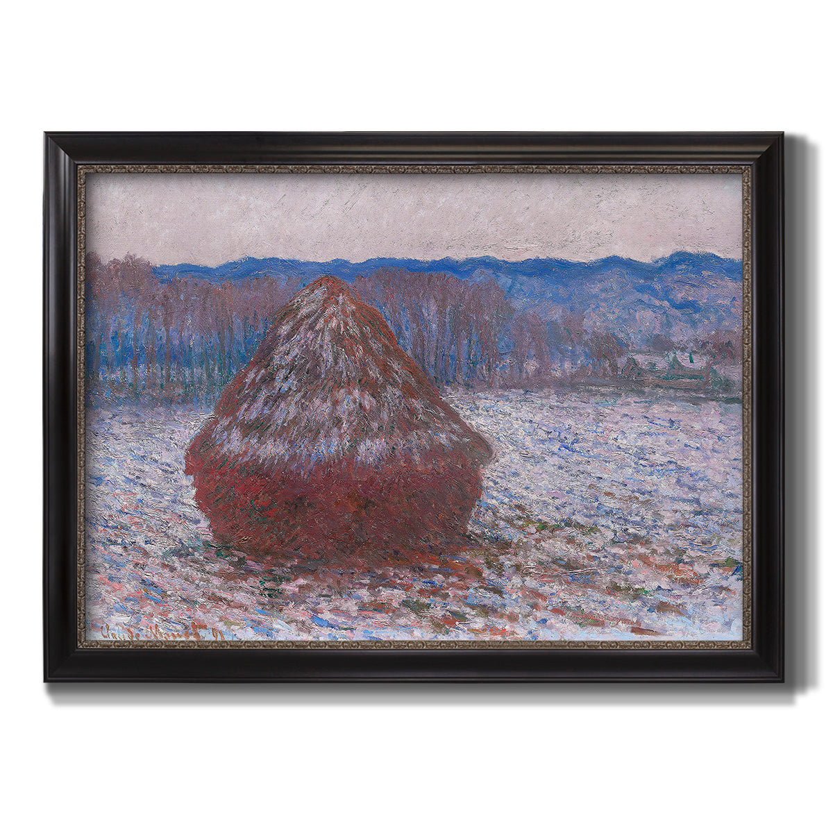 Impressionist single haystack landscape by Claude Monet printed on canvas in an ornate black frame with gilded inner detail.
