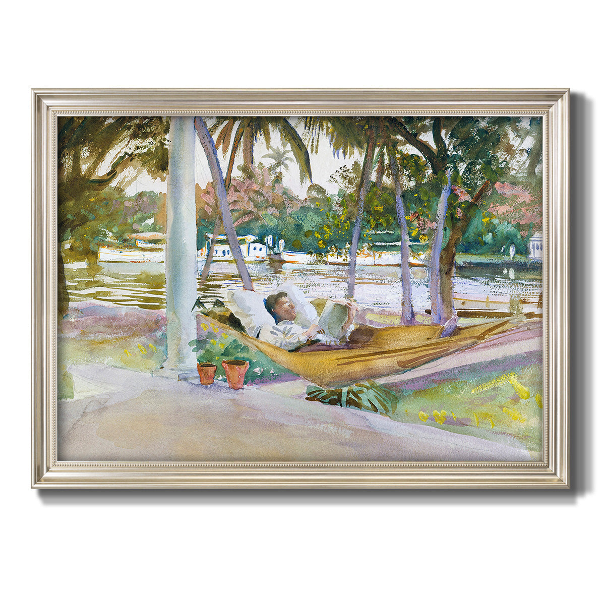 Impressionist leisure portrait scene by John Singer Sargent printed on canvas in an ornate champagne frame.