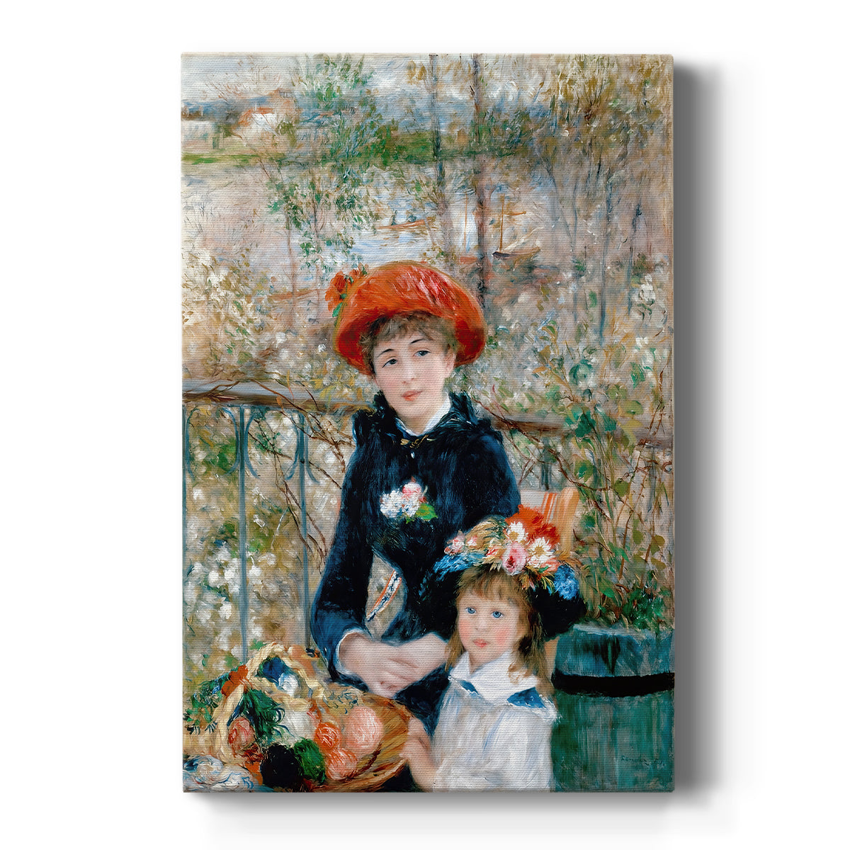 Canvas art print featuring an impressionist portrait of two girls seated on a terrace with bright colors on a clean white background.