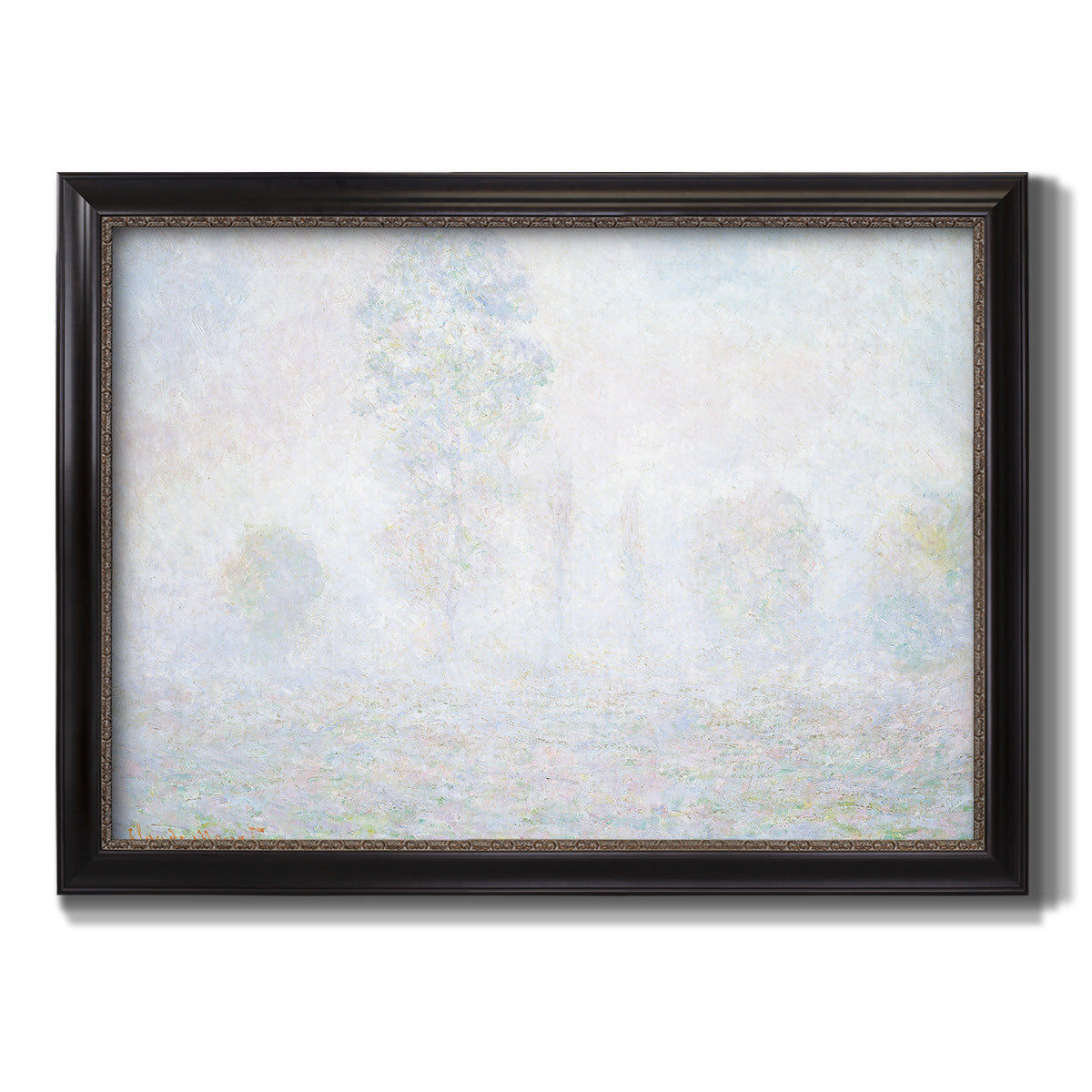 Impressionist atmospheric landscape in morning haze by Claude Monet printed on canvas in an ornate black frame with gilded inner detail.