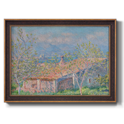 Impressionist garden house landscape at Antibes by Claude Monet printed on canvas in an ornate bronzed mahogany wood frame.