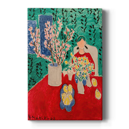 Canvas art print featuring a fauvist still life of plum blossoms against a vivid green background on a clean white background.