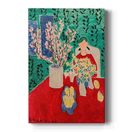 Canvas art print featuring a fauvist still life of plum blossoms against a vivid green background on a clean white background.