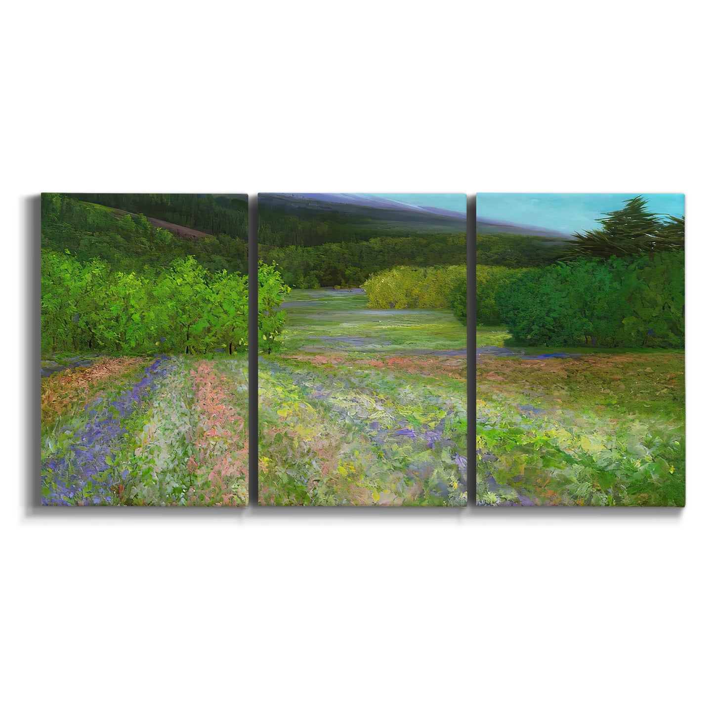 Three-panel canvas wall art featuring fresh spring meadow landscape on white background.