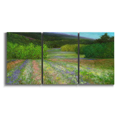 Three-panel canvas wall art featuring fresh spring meadow landscape on white background.
